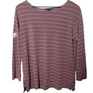 Free Fly Stripe Long Sleeve Boatneck Top Nautical Logo Casual Relaxed Activewear